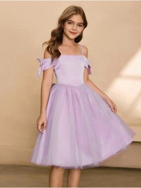 Lilac Off-Shoulder Tulle Party Dress for Girls